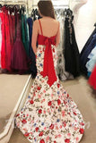 Elegant Two Pieces Mermaid Red Floral Bowknot Sweetheart Spaghetti Straps Prom Dresses