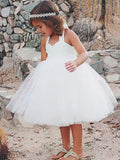 A-Line/Princess Sleeveless Halter Tea-Length Ruffles Tulle Flower Girl Dresses TPP0007654