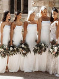 Sheath/Column Silk like Satin Spaghetti Straps Sleeveless Ruched Floor-Length Bridesmaid Dresses TPP0005745