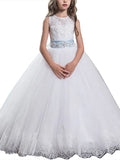 Ball Gown Scoop Sleeveless Applique Floor-Length Tulle Flower Girl Dresses TPP0007666