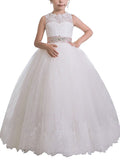 Ball Gown Scoop Sleeveless Sash/Ribbon/Belt Floor-Length Tulle Flower Girl Dresses TPP0007702
