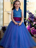 Ball Gown Halter Sleeveless Floor-Length Sequins Tulle Flower Girl Dresses TPP0007806