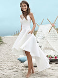 A-Line/Princess Satin Ruched Sleeveless Spaghetti Straps Asymmetrical Wedding Dresses TPP0006281