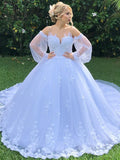 Ball Gown Off-the-Shoulder Long Sleeves Applique Tulle Court Train Wedding Dresses TPP0006914