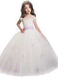 Ball Gown Jewel Short Sleeves Sash/Ribbon/Belt Floor-Length Tulle Flower Girl Dresses TPP0007727