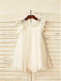 A-line/Princess Scoop Short Sleeves Lace Tea-Length Chiffon Flower Girl Dresses TPP0007691