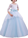 Ball Gown Jewel 1/2 Sleeves Lace Floor-Length Tulle Flower Girl Dresses TPP0007685
