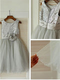 A-line/Princess Scoop Sleeveless Sequin Tea-Length Tulle Flower Girl Dresses TPP0007673