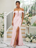 Sheath/Column Stretch Crepe Ruched Off-the-Shoulder Sleeveless Sweep/Brush Train Bridesmaid Dresses TPP0004926