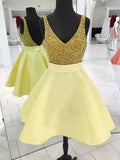 A-Line V-neck Cut Short With Beading Satin Yellow Homecoming Dresses TPP0008705