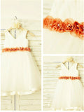 A-line/Princess V-neck Sleeveless Hand-made Flower Tea-Length Tulle Flower Girl Dresses TPP0007821