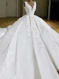 Ball Gown V-neck Satin Sweep/Brush Train Applique Sleeveless Wedding Dresses TPP0006849