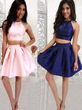 A-Line/Princess Ruffles Halter Satin Sleeveless Short/Mini Two Piece Dresses TPP0008624
