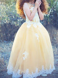 Ball Gown Jewel Sleeveless Applique Floor-Length Tulle Flower Girl Dresses TPP0007689