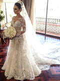 A-Line/Princess Bateau Long Sleeves Lace Chapel Train Tulle Wedding Dresses TPP0006106