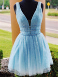A-Line/Princess Tulle Beading V-neck Sleeveless Short/Mini Homecoming Dresses TPP0008741