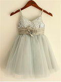 A-line/Princess Spaghetti Straps Sleeveless Sequin Tea-Length Tulle Flower Girl Dresses TPP0007660