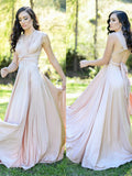 A-Line/Princess Silk like Satin Ruffles V-neck Sleeveless Floor-Length Bridesmaid Dresses TPP0005558