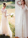 Empire V-neck Lace long Sleeves Floor-Length Chiffon Wedding Dresses TPP0006667