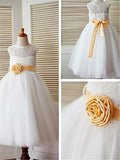 A-line/Princess Tea-Length Scoop Lace Sleeveless Tulle Flower Girl Dresses TPP0007665