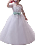 Ball Gown Jewel 1/2 Sleeves Lace Floor-Length Tulle Flower Girl Dresses TPP0007750