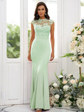 Trumpet/Mermaid Charmeuse Applique High Neck Sleeveless Floor-Length Bridesmaid Dresses TPP0004924