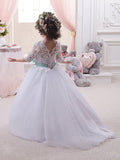 Ball Gown Jewel 1/2 Sleeves Lace Floor-Length Tulle Flower Girl Dresses TPP0007750