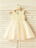 A-line/Princess V-neck Sleeveless Pearls Tea-Length Tulle Flower Girl Dresses TPP0007688