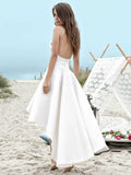 A-Line/Princess Satin Ruched Sleeveless Spaghetti Straps Asymmetrical Wedding Dresses TPP0006281