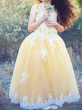 Ball Gown Jewel Sleeveless Applique Floor-Length Tulle Flower Girl Dresses TPP0007689