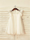 A-line/Princess Scoop Short Sleeves Lace Tea-Length Chiffon Flower Girl Dresses TPP0007691