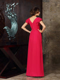 A-Line/Princess V-neck Ruched Short Sleeves Long Chiffon Mother of the Bride Dresses TPP0007254