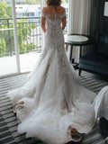 Trumpet/Mermaid Applique Lace Tulle Off-the-Shoulder Sleeveless Court Train Wedding Dresses TPP0006526