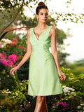 A-Line/Princess V-neck Pleats Sleeveless Short Satin Bridesmaid Dresses TPP0005672