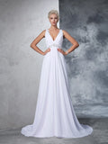 A-Line/Princess V-neck Beading Sleeveless Long Chiffon Wedding Dresses TPP0006646