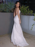 Sheath/Column Lace Ruffles V-neck Sleeveless Sweep/Brush Train Wedding Dresses TPP0006058