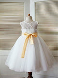 A-line/Princess Tea-Length Scoop Lace Sleeveless Tulle Flower Girl Dresses TPP0007665