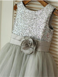 A-line/Princess Scoop Sleeveless Sequin Tea-Length Tulle Flower Girl Dresses TPP0007673