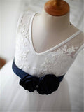 A-line/Princess V-neck Sleeveless Hand-made Flower Tea-Length Tulle Flower Girl Dresses TPP0007694
