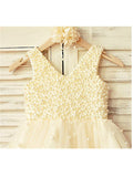 A-line/Princess V-neck Sleeveless Pearls Tea-Length Tulle Flower Girl Dresses TPP0007688