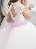 Ball Gown Jewel Short Sleeves Sash/Ribbon/Belt Floor-Length Tulle Flower Girl Dresses TPP0007727