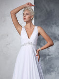 A-Line/Princess V-neck Beading Sleeveless Long Chiffon Wedding Dresses TPP0006646