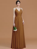 A-Line/Princess Spaghetti Straps Sleeveless Floor-Length Ruched Chiffon Bridesmaid Dresses TPP0005507