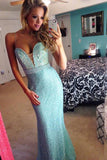 2024 sexy light blue beading sweetheart A-Line long spaghetti straps prom dresses