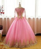 Ball Gown Long Sleeve Gold Rose Red Tulle Round Neck Lace up Prom Quinceanera Dresses