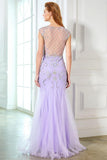 Elegant Mermaid Lavender Scoop Cap Sleeve Beads Tulle Yarn Floor-Length Prom Dresses