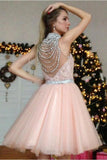 Cute Pearl Pink Tulle Appliques Silver Beads V Neck Short Homecoming Dresses